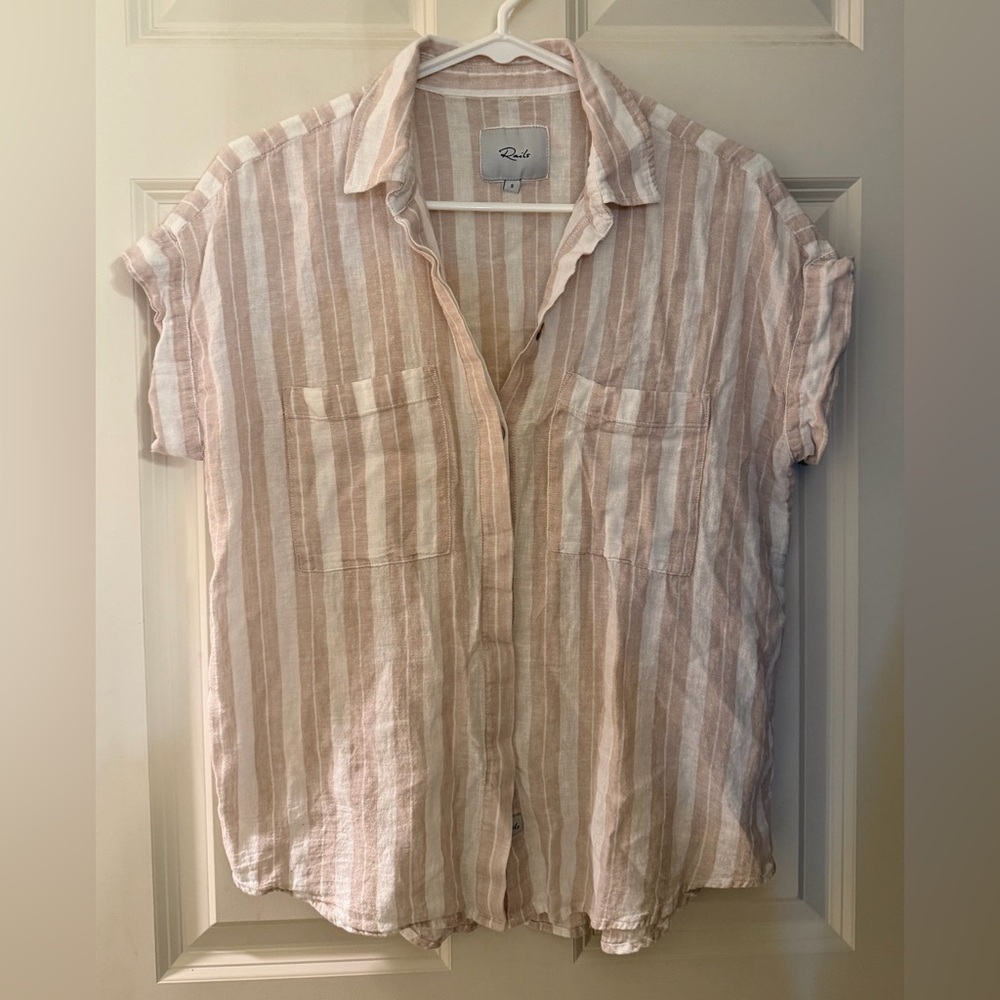 Rails Cito Linen Blend Striped Button Down Short Sleeve Top, White/Tan, Small